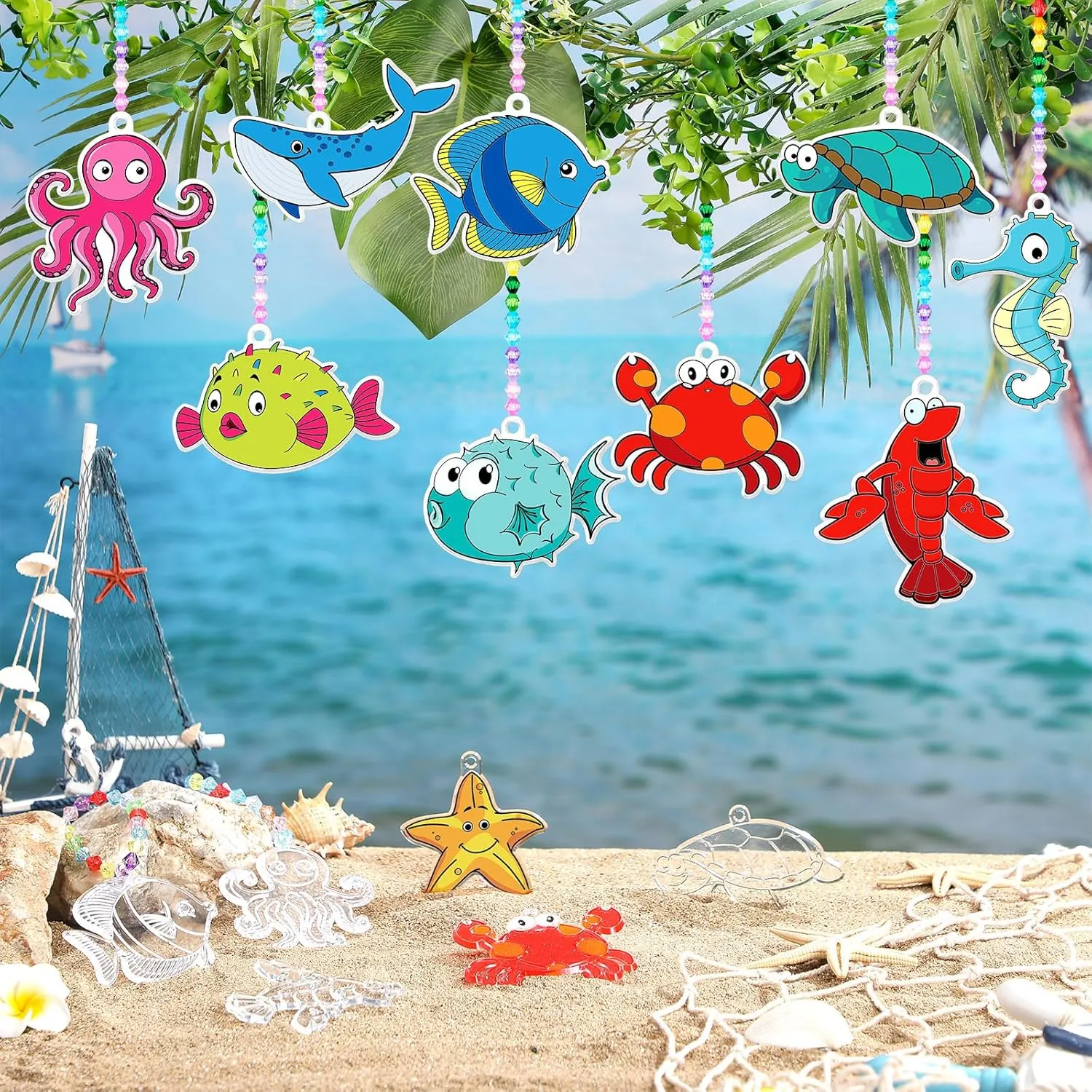 30 Sets Marine Animal Suncatchers Window Art Kits, DIY Sun Catchers Bulk Crafts Paint Your Own Window Sea Ocean Animal Ornaments for Boys Girls Classroom Home Party Birthday Activity Decor