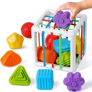 ADLON Montessori Toys for 1 Year Old, Baby Sorter Toy Colorful Cube with 6 Pcs Multi Sensory Shape, Early Developmental Learning Toys for 1 Old Girls Boys, Baby Toys(Shape Sorting Toy Set of 6)