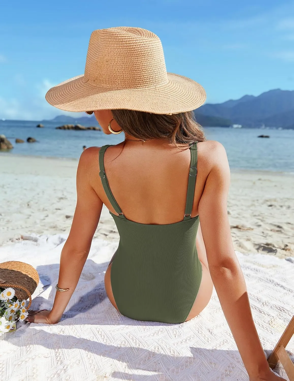 AI'MAGE Women One Piece Swimsuit Tummy Control V Neck Bathing Suits High Cut Adjustable Strap Monokini Swimwear S-XXL