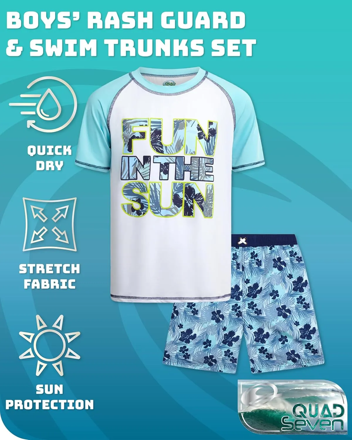 Boys Rash Guard Swimsuit Set - Kids Short Sleeve Bathing Suit Swimwear Sets (Sizes: 5-12)