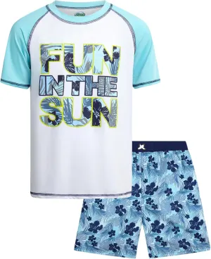 Boys Rash Guard Swimsuit Set - Kids Short Sleeve Bathing Suit Swimwear Sets (Sizes: 5-12)