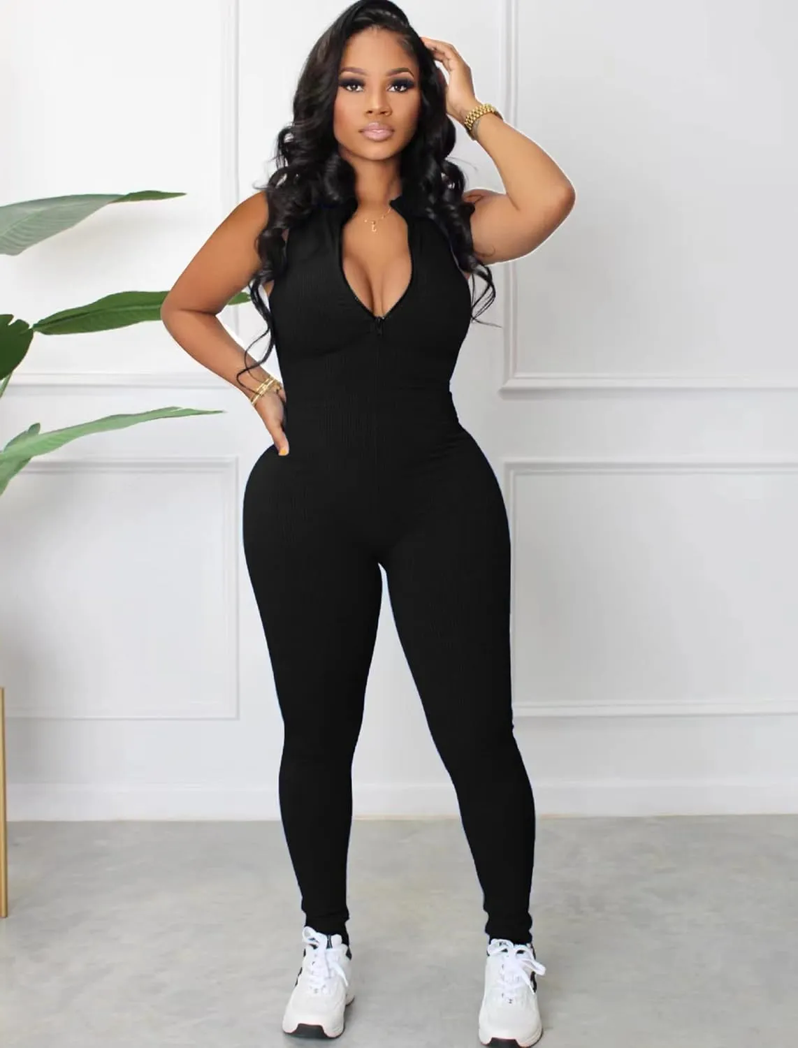 chicyes Women's Bodycon Sexy Jumpsuits Workout Seamless One Piece Ribbed Zipper Rompers 2025