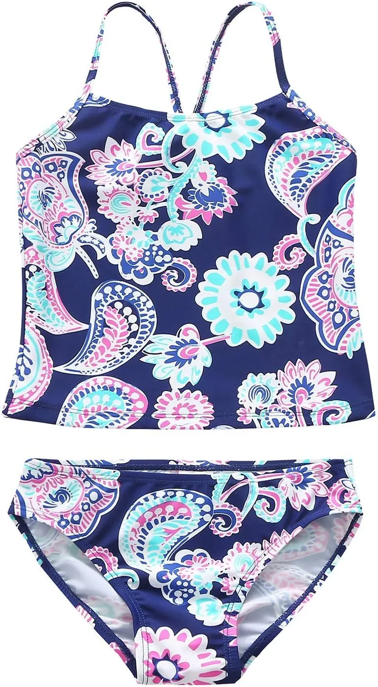 Girls Two Piece Tankini Swimsuit Hawaiian Ruffle Swimwear Bathing Suit Set