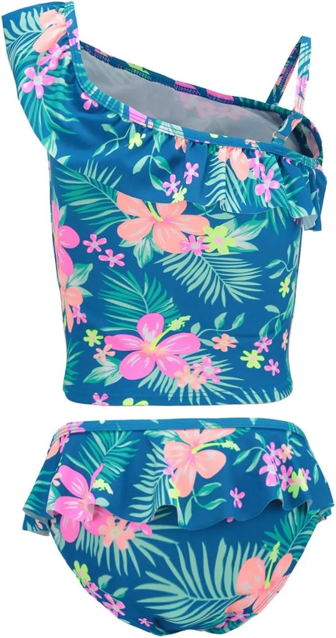 Girls Two Piece Tankini Swimsuit Hawaiian Ruffle Swimwear Bathing Suit Set