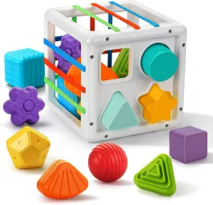 PRIME DEALS Montessori Toys for Kids Sensory Toys Shape Sorter Baby Blocks Colorful Textured Balls Sorting Games (Cube & Shape Blocks (10 Pieces))