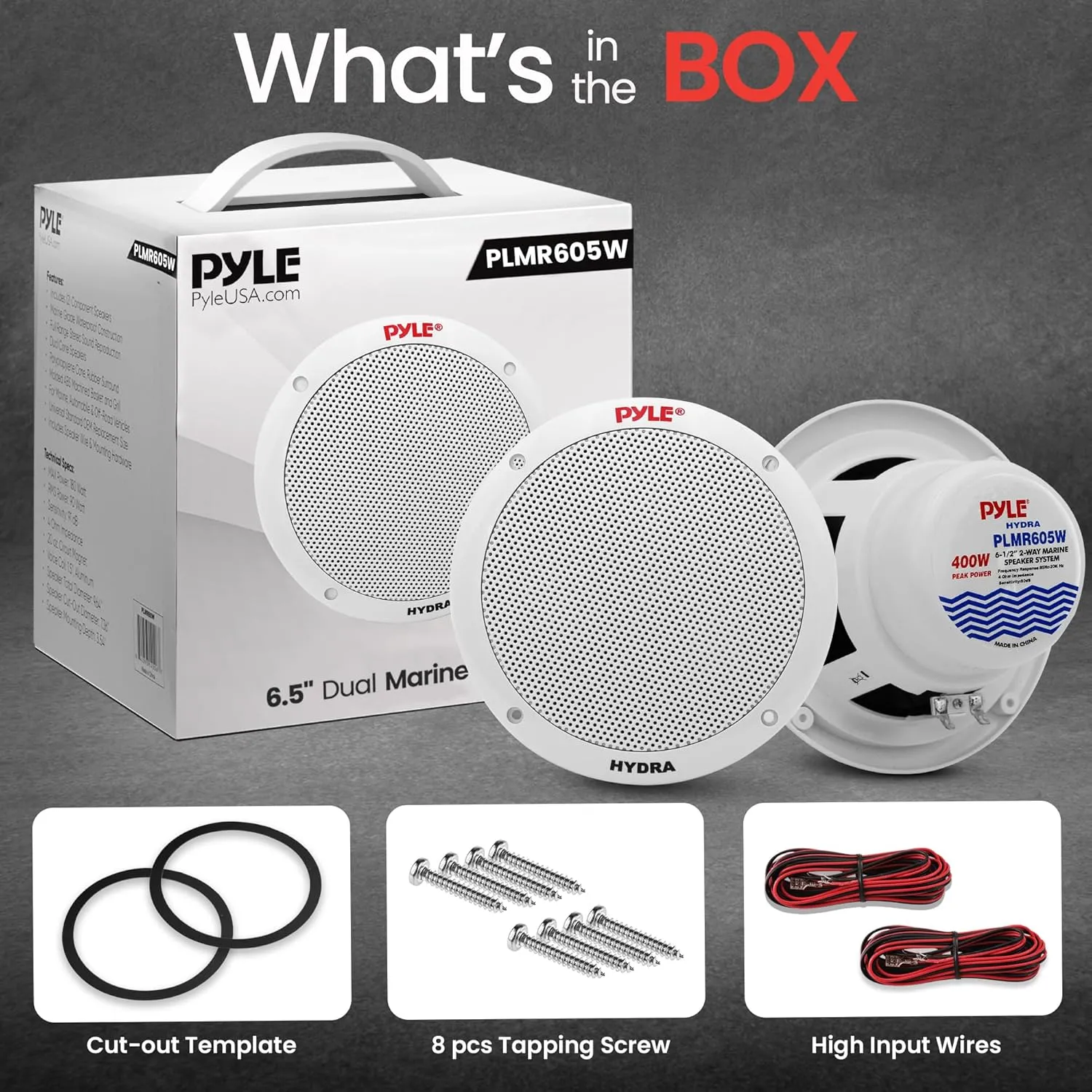 Pyle 6.5 Inch Dual Marine Speakers - 2 Way Waterproof and Weather Resistant Outdoor Stereo Sound System with 400 Watt Power, Polypropylene Cone and Butyl Rubber Surround - 1 Pair - PLMR605W(White)