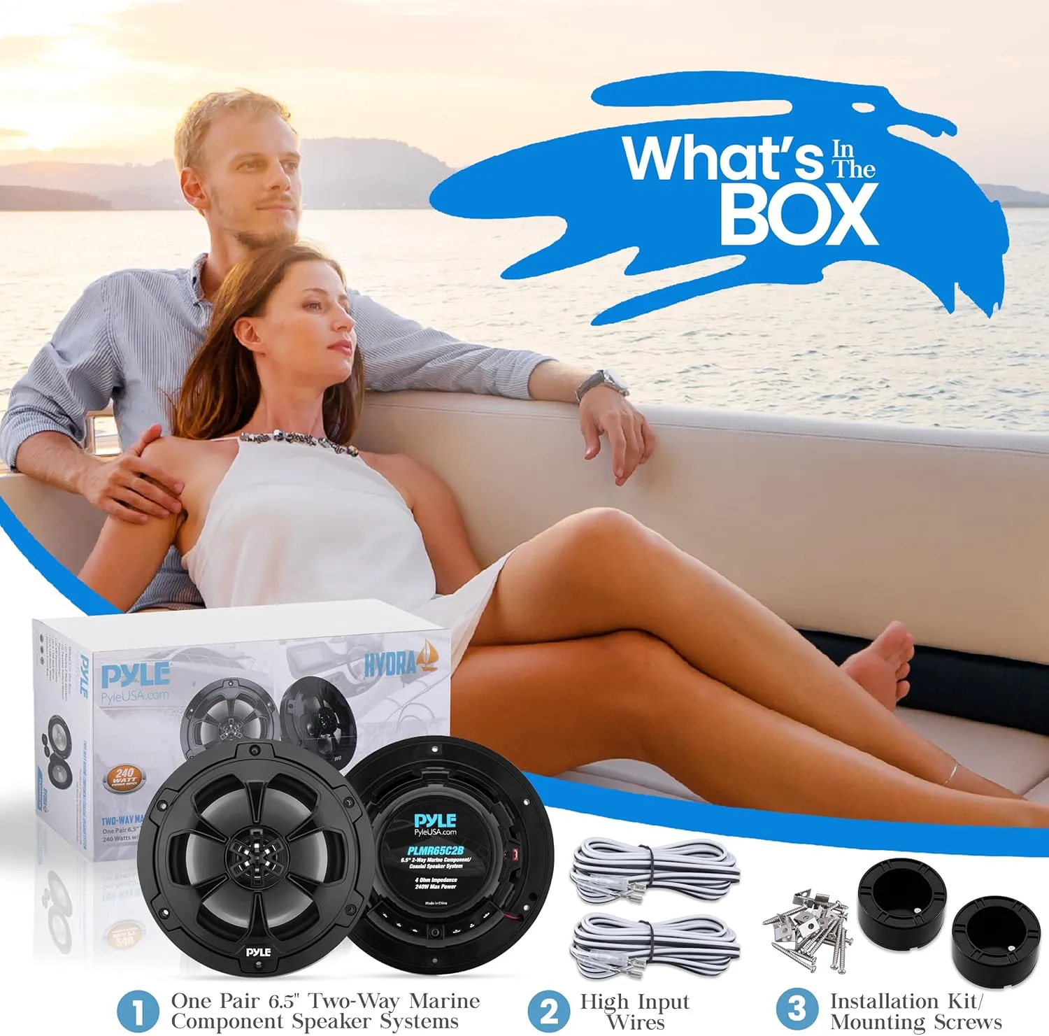 Pyle Two Way Marine Speaker System, One Pair 6.5'' Black Two-Way Marine Component Speaker, 240 Watts Max Power with 4 Ohm Impedance, Waterproof, Butyl Surround Sound and Surface Mount Capability