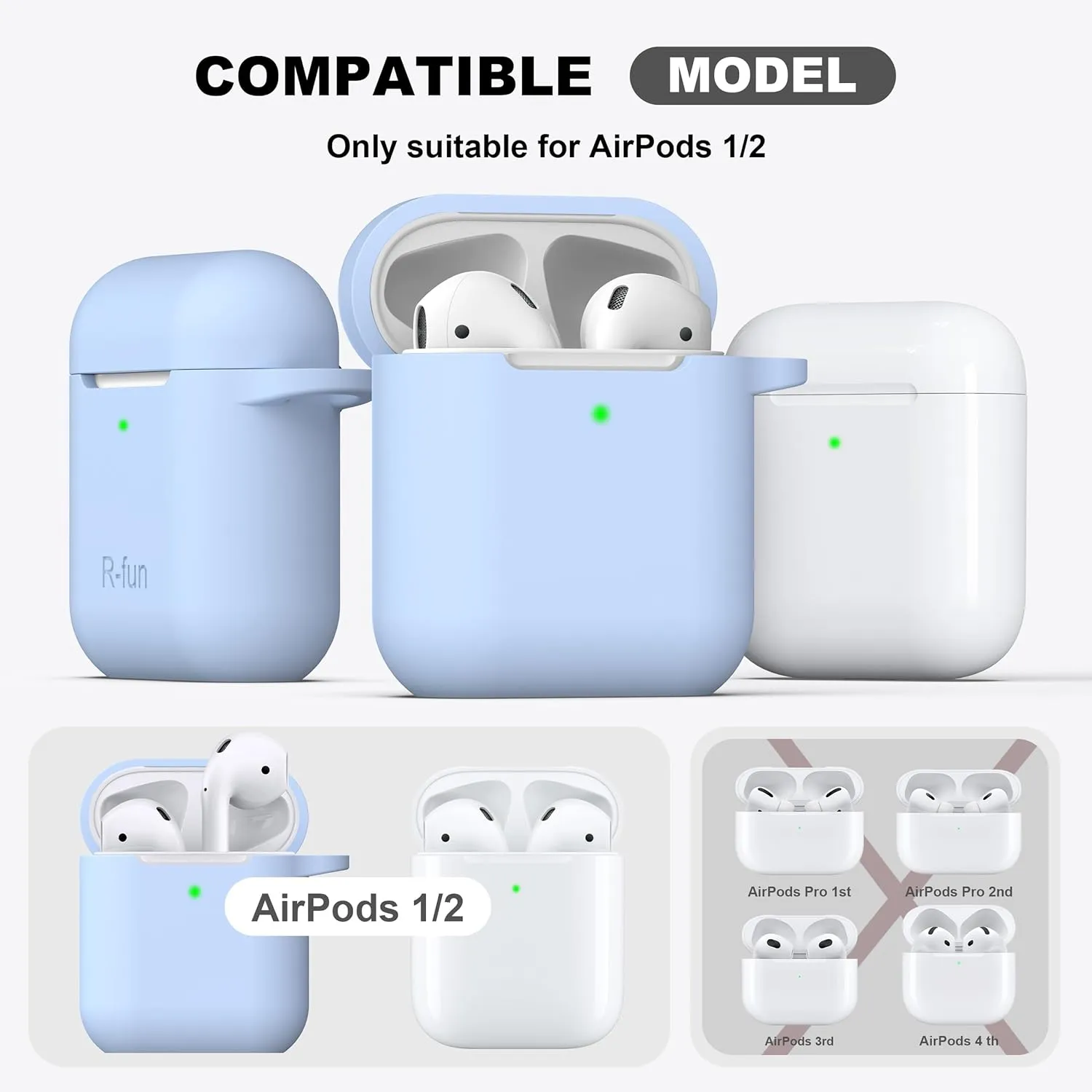 R-fun Compatible with AirPods Case Cover, Soft Silicone Protective Cover with Keychain for Women Men Compatible with Apple AirPods 2nd 1st Generation Charging Case, Front LED Visible,Sky Blue
