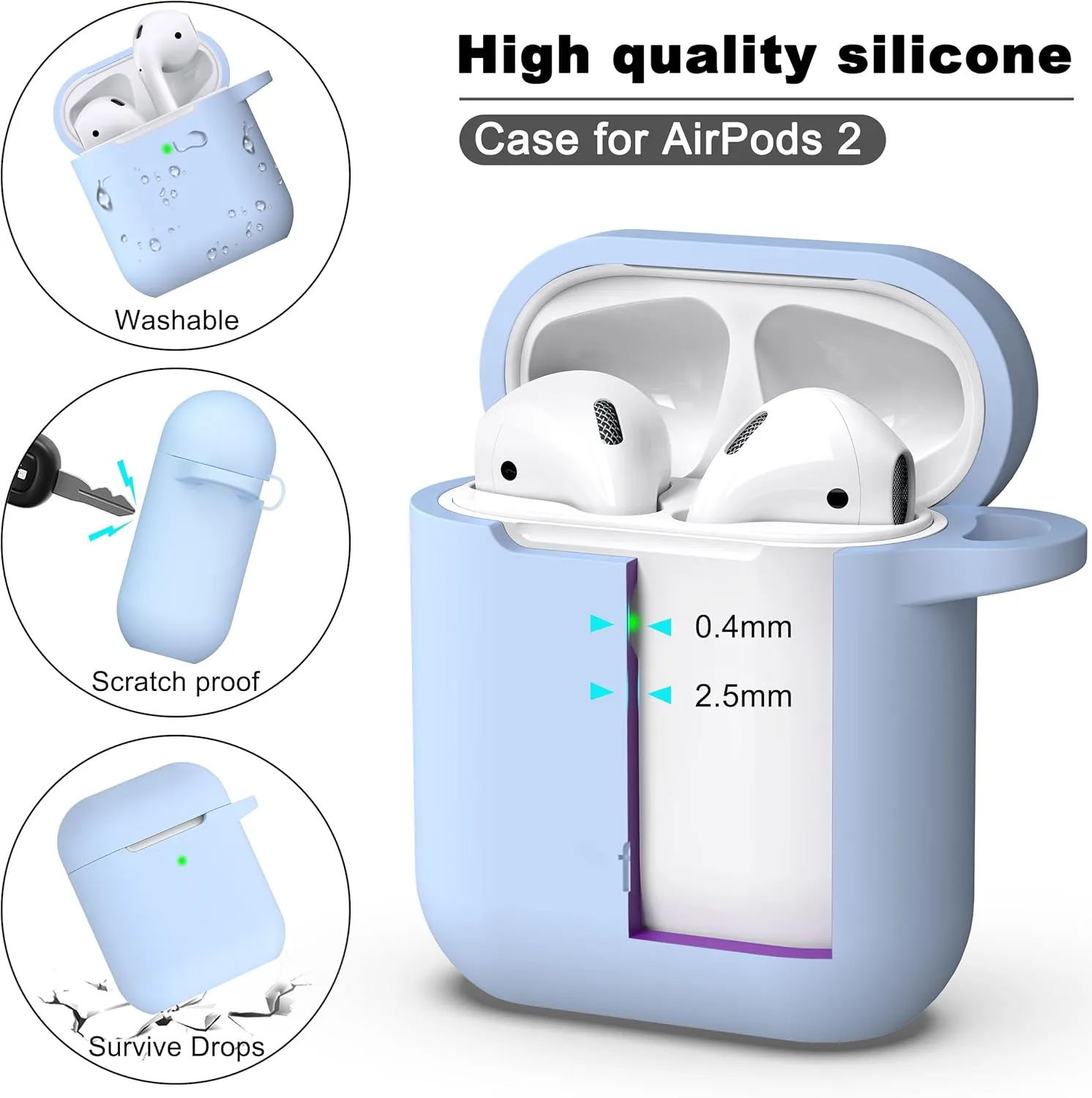 R-fun Compatible with AirPods Case Cover, Soft Silicone Protective Cover with Keychain for Women Men Compatible with Apple AirPods 2nd 1st Generation Charging Case, Front LED Visible,Sky Blue