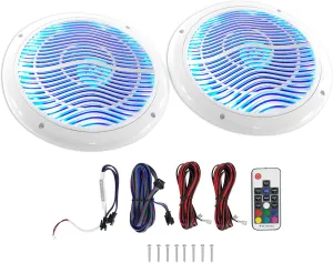 Rockville RMC65LW 600w Peak / 75w RMS 2-Way White Marine Speakers (2), Multi-Color LED, Waterproof, Remote Control for Boats and Outdoor Audio