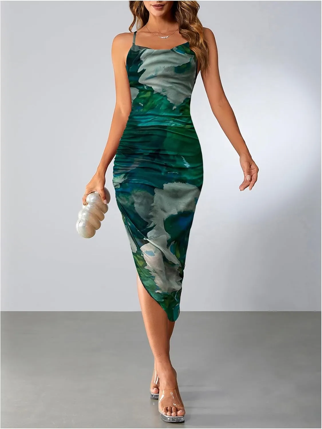 SOLY HUX Women's Tie Dye Cowl Neck Split Hem Bodycon Cami Dress Backless Long Dresses