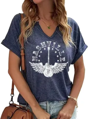 Vintage Rock Band T Shirt for Women Fashion Musical Tees Casual Sexy Notched V-Neck T Shirts Country Music Short Sleeve Tees