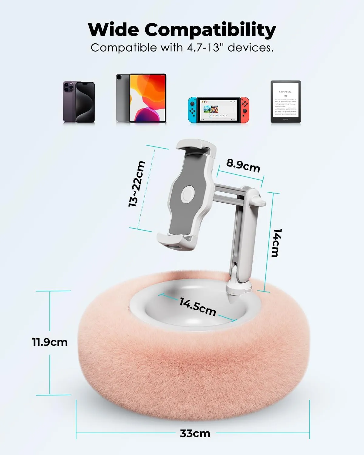 Viozon Tablet Stand Pillow, Compatible with 4.7"-13" Phone/Tablet, iPad, iPhone, Samsung, Google, Kindle, 360Adjustable Phone Holder for Bed with Soft Plush Fabric, and Detachable Bowl, Pink