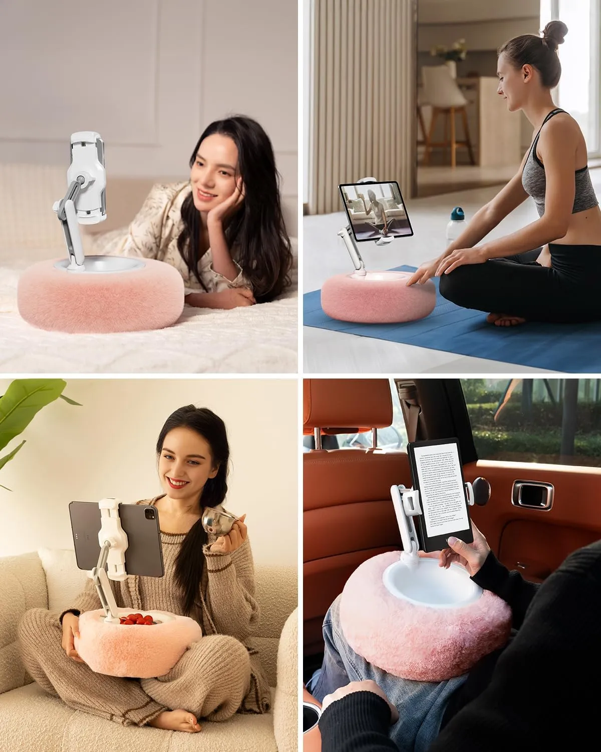 Viozon Tablet Stand Pillow, Compatible with 4.7"-13" Phone/Tablet, iPad, iPhone, Samsung, Google, Kindle, 360Adjustable Phone Holder for Bed with Soft Plush Fabric, and Detachable Bowl, Pink