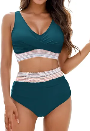 Womens High Waisted Bikini Set Tummy Control Color Block Bathing Suits Twist Front Two Piece Swimsuits