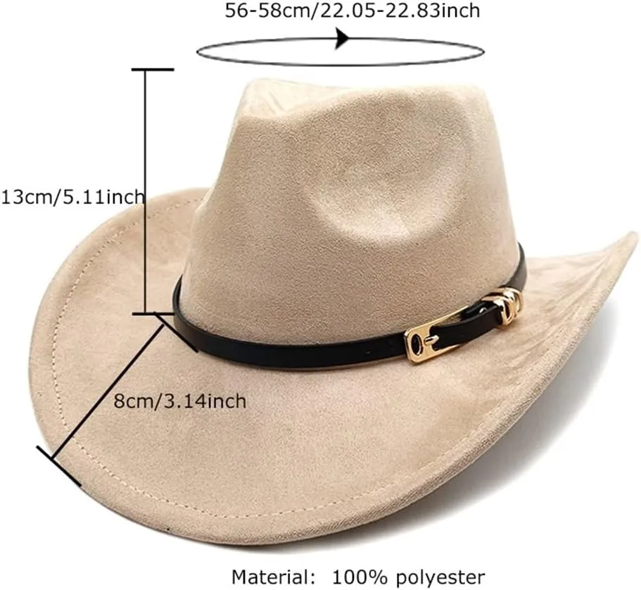 Women's Men's Classic Suede Cowboy Hat Retro Felt Cowgirl Hat Wide Brim Bowler Cap Church Fedora Hat with Belt Buckle
