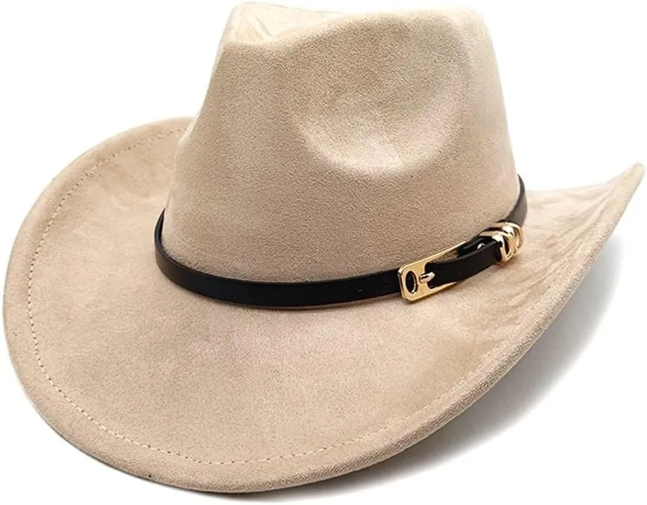 Women's Men's Classic Suede Cowboy Hat Retro Felt Cowgirl Hat Wide Brim Bowler Cap Church Fedora Hat with Belt Buckle