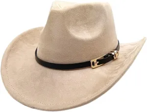 Women's Men's Classic Suede Cowboy Hat Retro Felt Cowgirl Hat Wide Brim Bowler Cap Church Fedora Hat with Belt Buckle