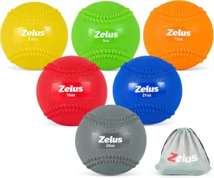 ZELUS Weighted Baseball Set with Seams for Hitting Pitching, 3.5 8 12 16 21 35 oz Plyometric Baseballs with Carry Bag
